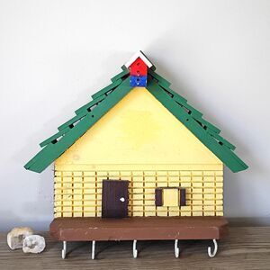 Vtg Log Wood Cabin Wall Hooks Chalet Cabin Key Hook Quirky Folk Art Wall Decor